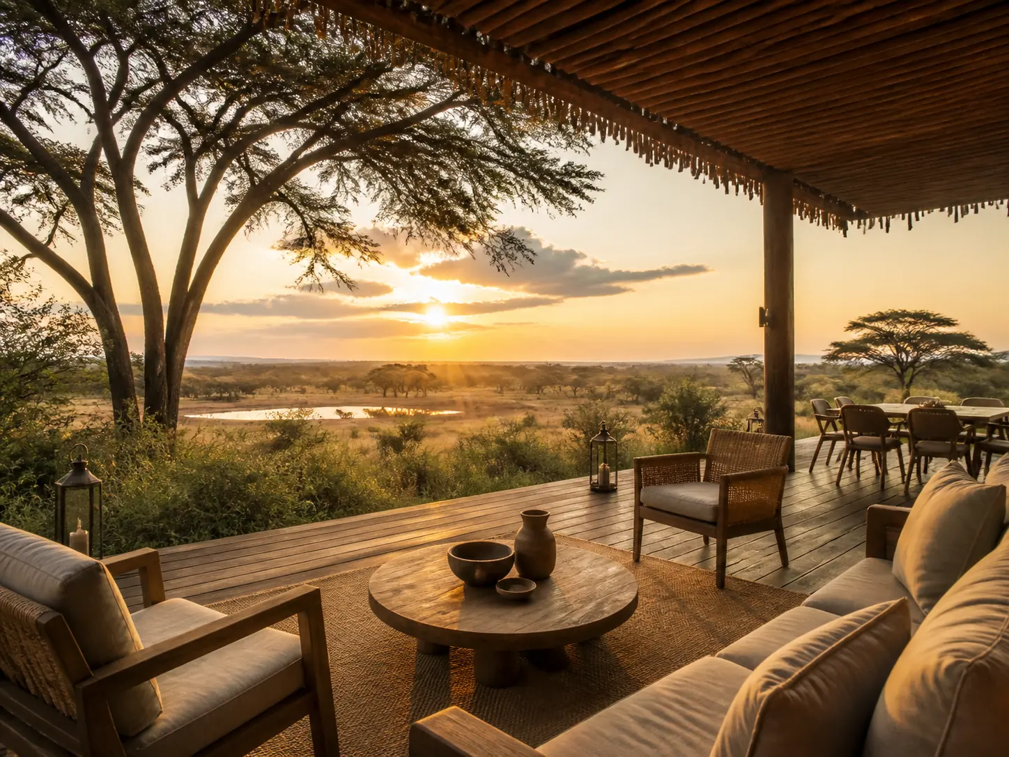 Lodge de safari face à la savane au lever du jour, visuel d’ambiance