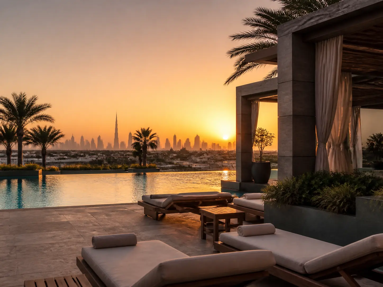 Terrasse de resort urbain à Dubai au coucher du soleil, visuel d’ambiance
