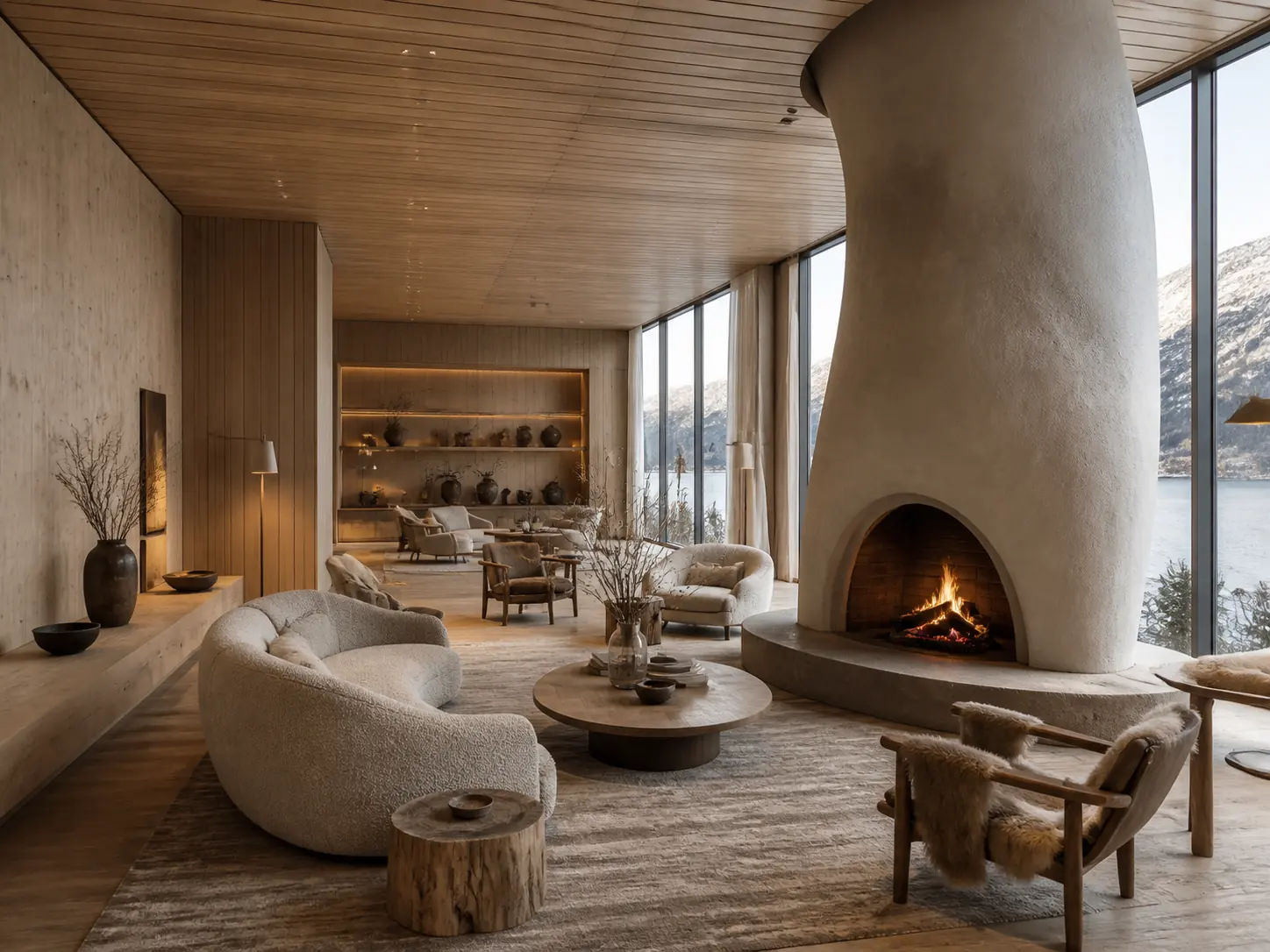 Salon d’hôtel nordique aux lignes épurées, visuel d’ambiance