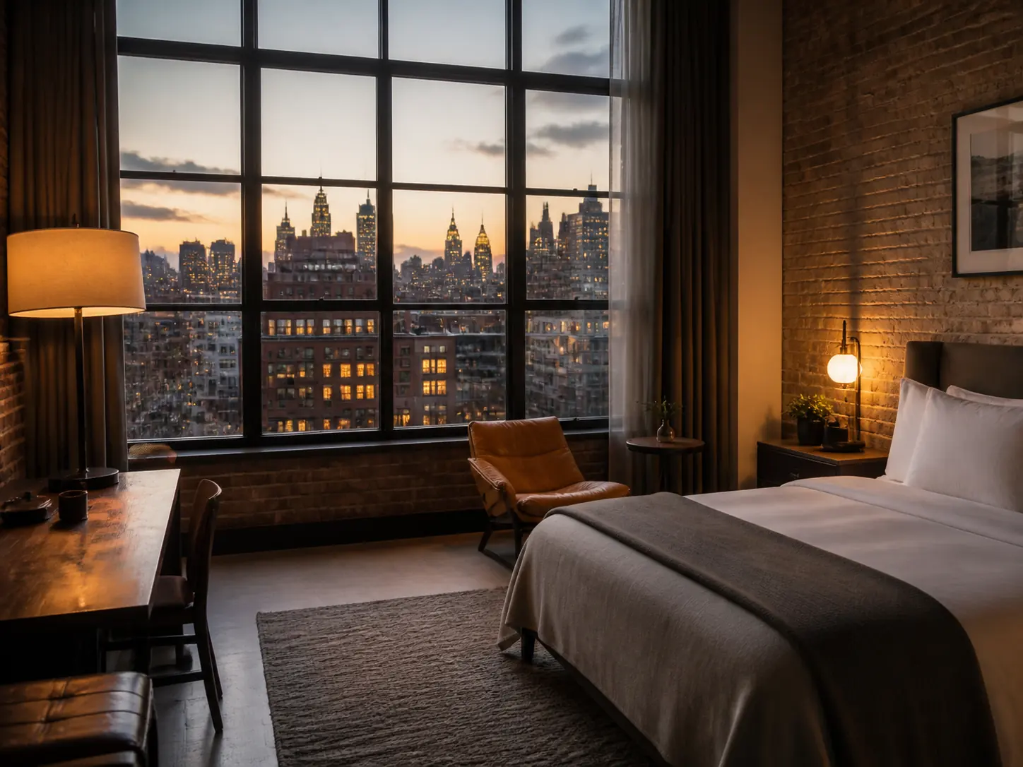 Chambre de boutique-hôtel face à la skyline de New York, visuel d’ambiance