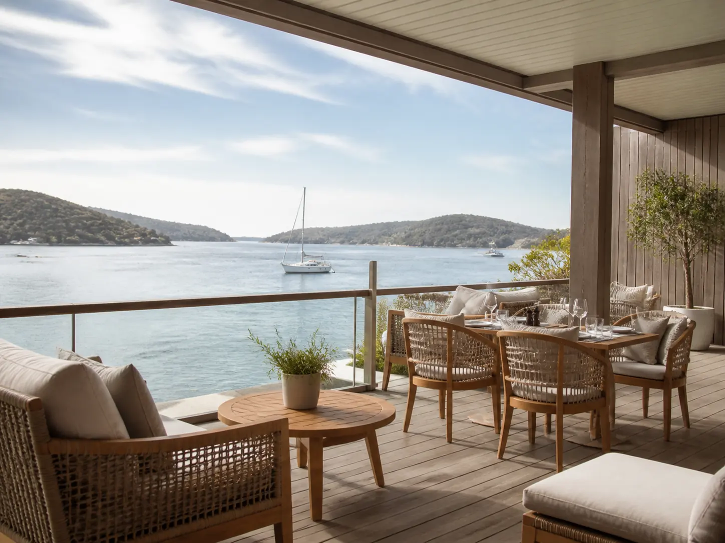 Terrasse d’hôtel face à un port d’Ozeanien, visuel d’ambiance