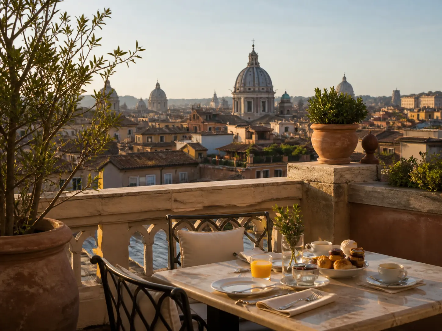 Terrasse d’hôtel romaine au petit matin, visuel d’ambiance