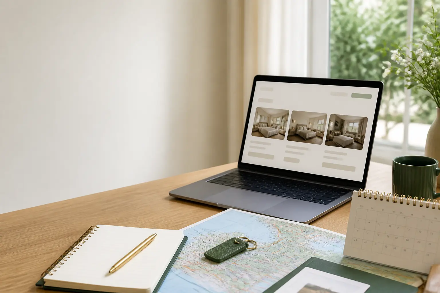 Laptop, map and calendar used to compare hotel options