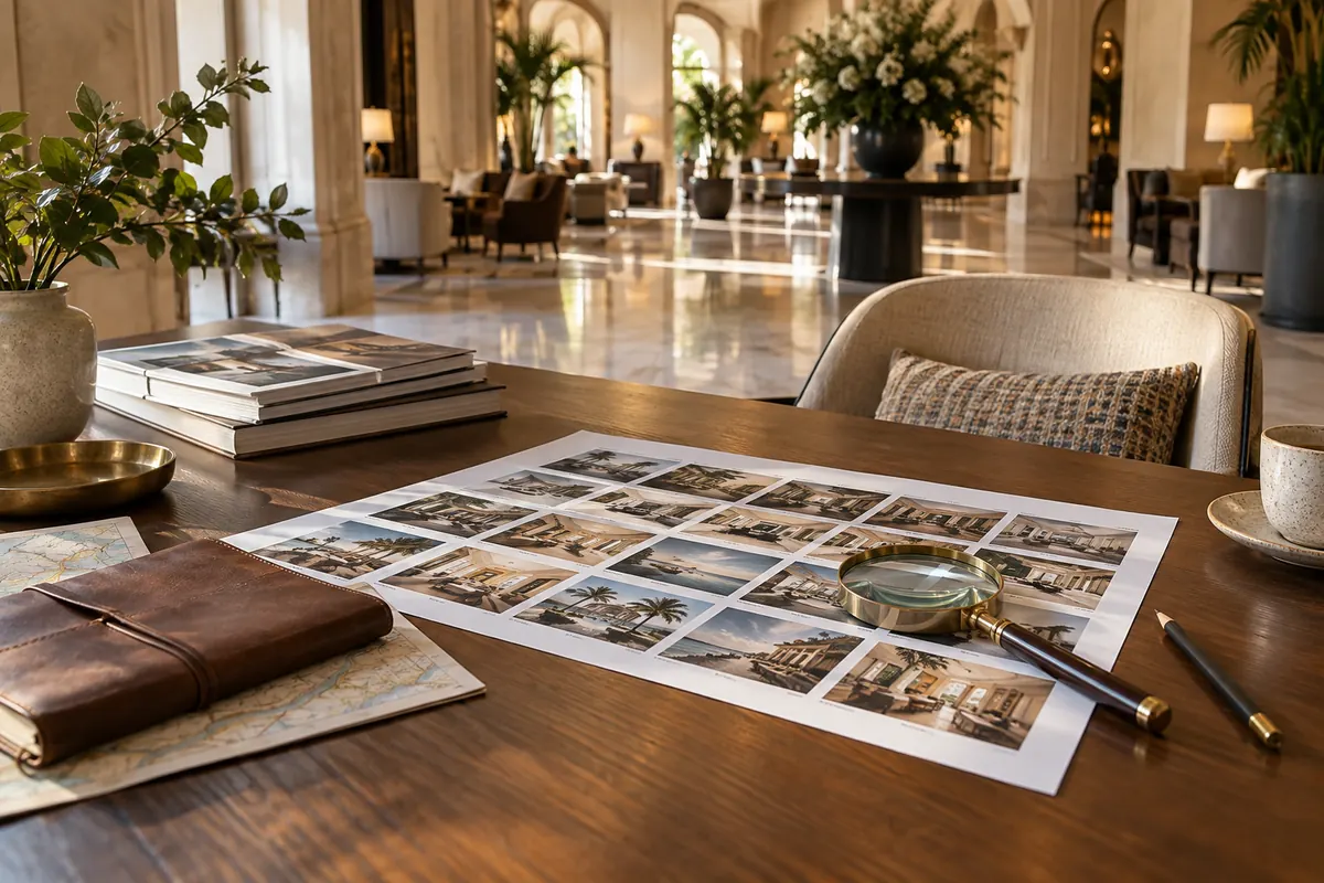Travel photographs reviewed on a table in a hotel lounge