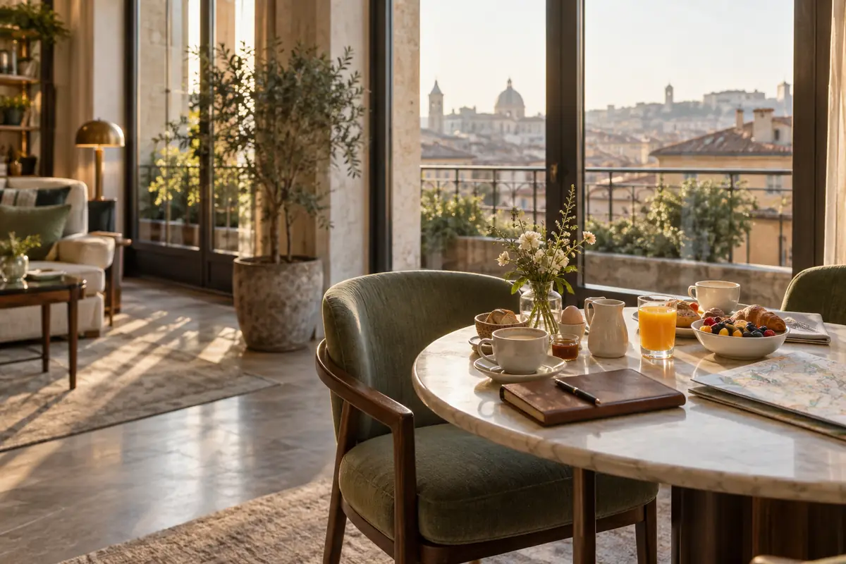 Table de petit déjeuner et carnet de voyage dans un salon d’hôtel lumineux