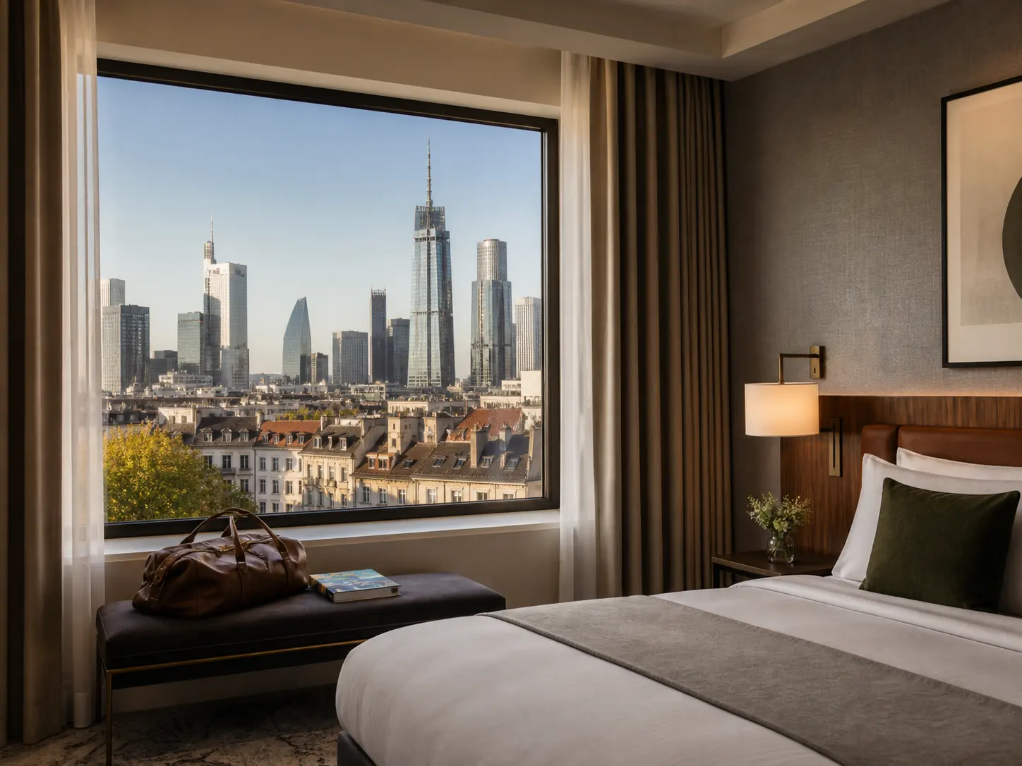 Chambre contemporaine avec vue sur une grande ville, visuel d’ambiance