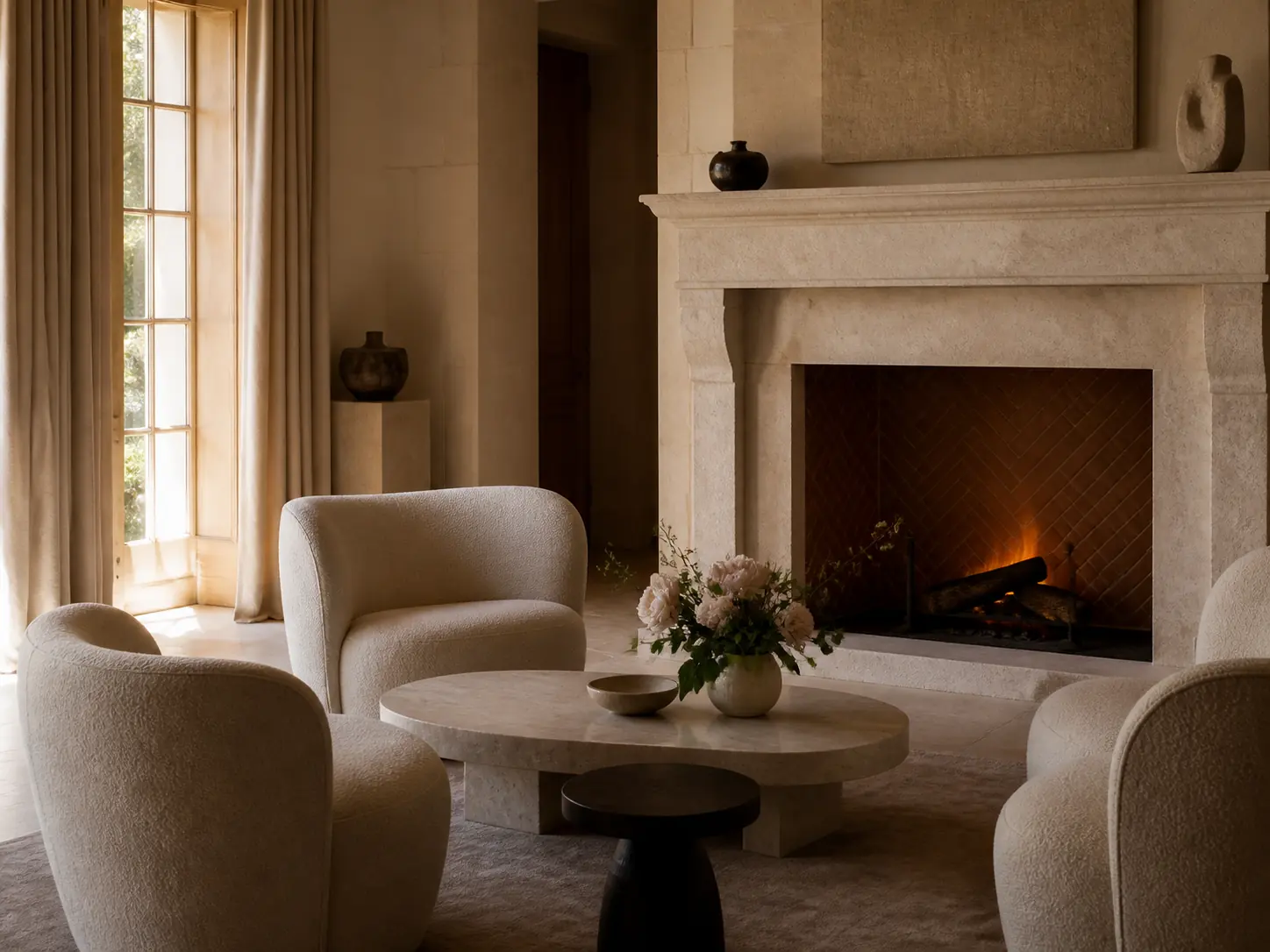 Salon d’hôtel haut de gamme aux matières naturelles, visuel d’ambiance