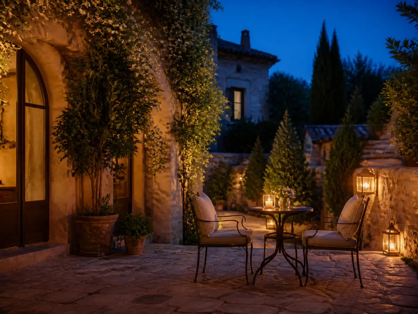 Cour intérieure d’un boutique-hôtel à la tombée du jour, visuel d’ambiance