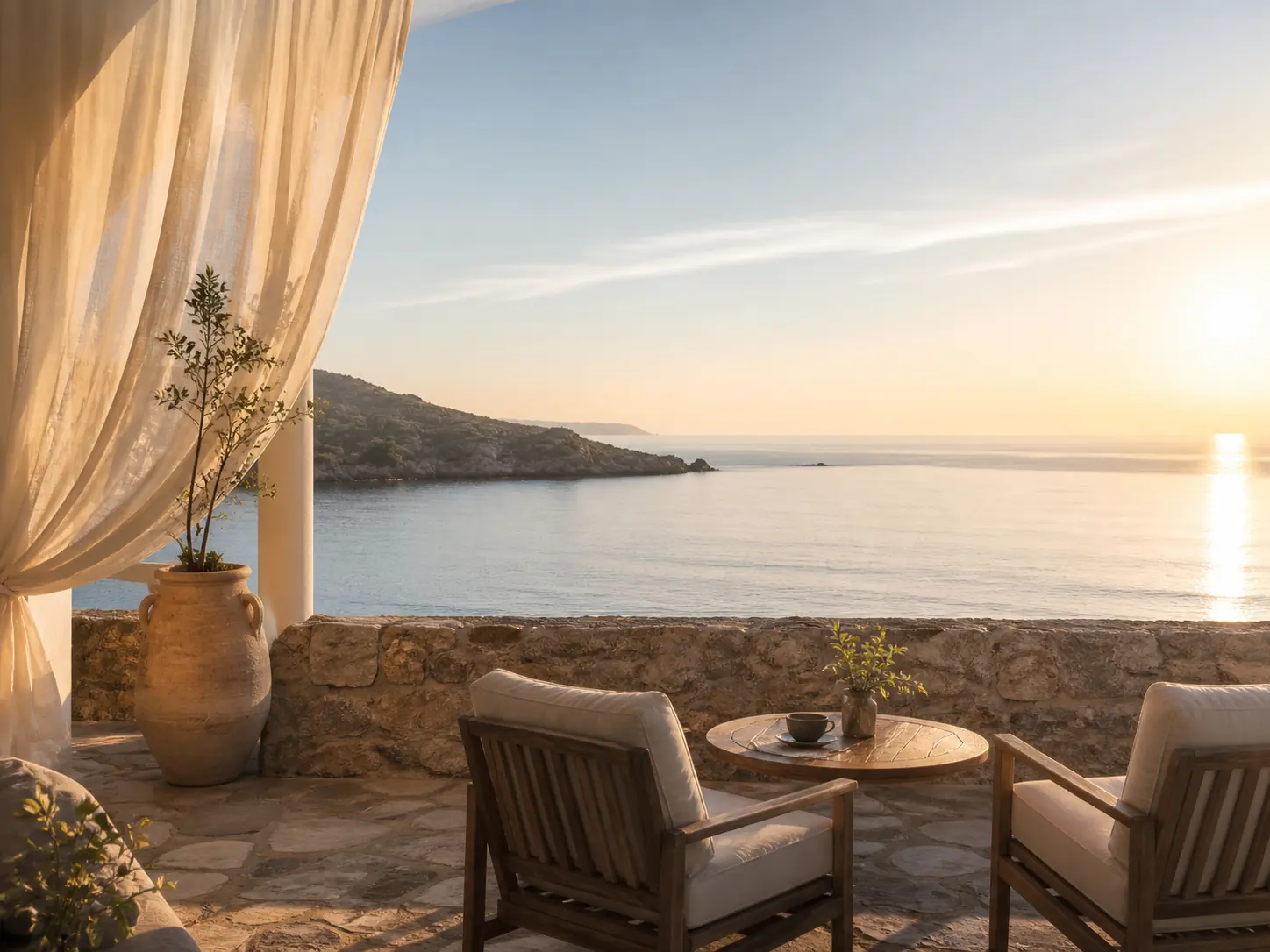 Terrasse d’hôtel baignée par la lumière du matin face à la mer, visuel d’ambiance