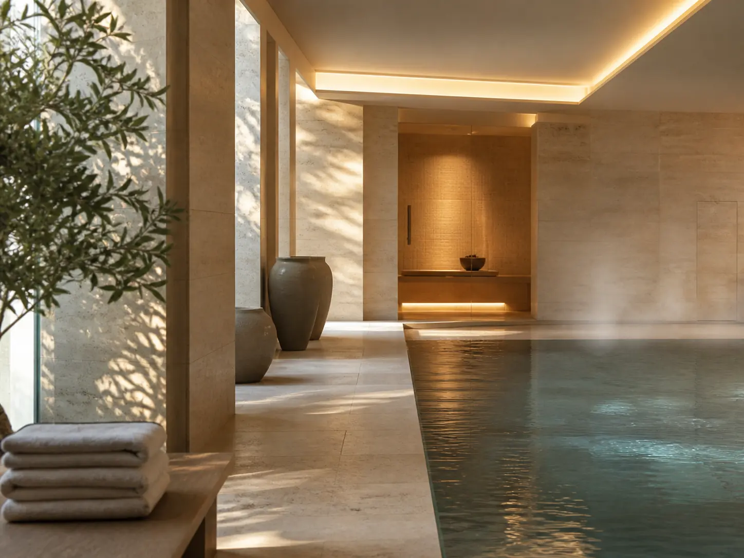 Piscine intérieure d’un spa d’hôtel contemporain aux tons minéraux, visuel d’ambiance